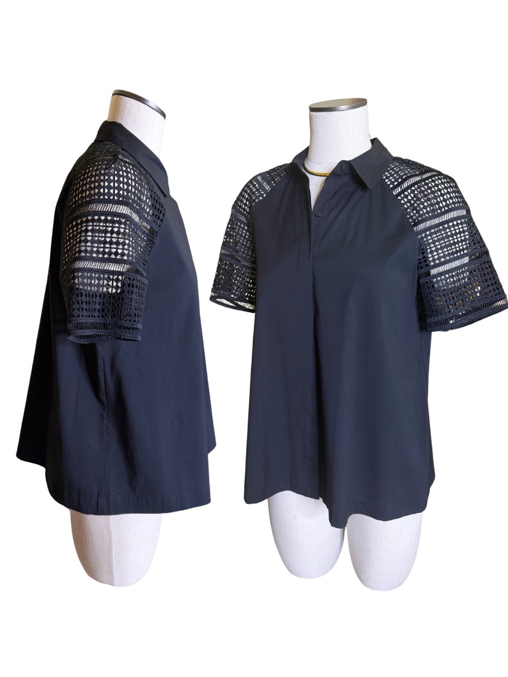 Lafayette 148 New York Black Button-Front Top with Crochet Sleeves